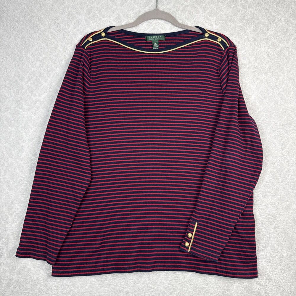LRL Ralph Lauren Rib Knit Top Women 3X Red Blue Stripe Gold Rope Nautical Preppy